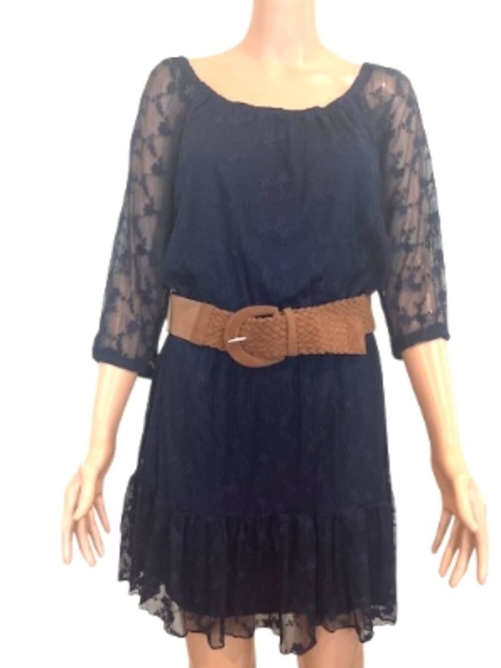 Urban Hearts Navy Lace Dress Sheer Sleeves Ruffle Hem Belted Boho Size L